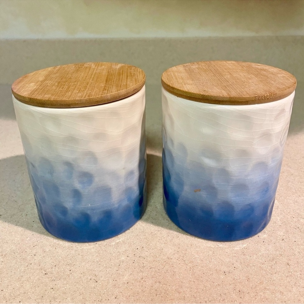 Blue and White Ceramic Canisters with Wooden Lids